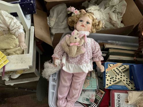 Porcelain Head Doll with Pajamas and Rabbit Backpack