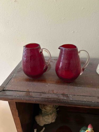 Pair of Cranberry Crackle Glass Miniature Creamers