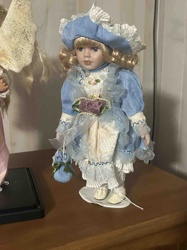 Cathay Bisque Porcelain Doll in Blue Gown with Parasol