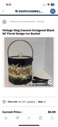 Vintage Oleg Cassoni Octagonal Black W/ Floral Design Ice Bucket