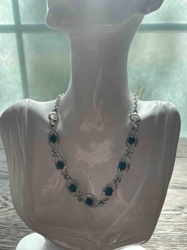 Silver-Toned Link Necklace with Teal Cabochons