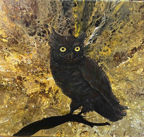 Owl on Branch Acrylic Pour Painting