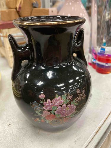 Vintage Black Ceramic Twin-Handle Bud Vase with Chinoiserie Floral Motif