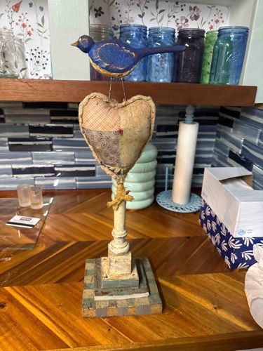 Mixed-Media Primitive Folk Art Bird and Heart Assemblage Sculpture