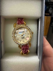 Strada Mother-of-Pearl Dial Gold-Tone Rhinestone and Glitter Bracelet Watch