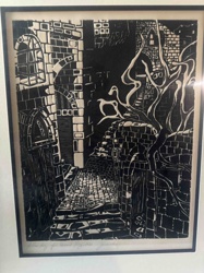 Framed Black and White Linocut Print "Jerusalem Alley"