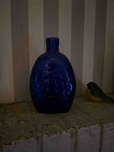 Cobalt Blue Glass Flask with Embossed Ship