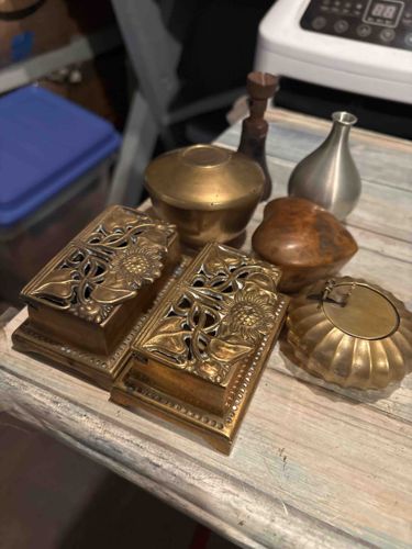 Art Nouveau Brass Desk Set and Miscellaneous Decorative Objects