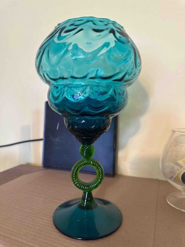 Teal and Green Mold-Blown Glass Chalice with Ribbon Stem