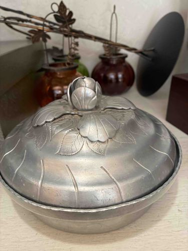 Vintage Hammered Aluminum Floral Covered Candy Dish