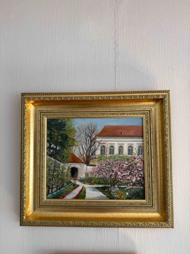 Landscape Painting of a European Villa with Spring Garden