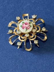 Vintage Gold-Tone Enamel Rose Brooch/Pendant with Rhinestones