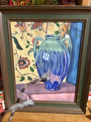 Still Life Painting with Blue-Green Vase and Floral Background