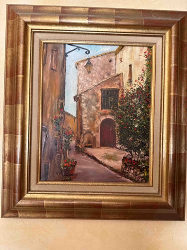 Framed Oil Painting of a European Street Scene