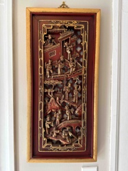 Framed Chinese Carved Wood Panel with Figural Scene