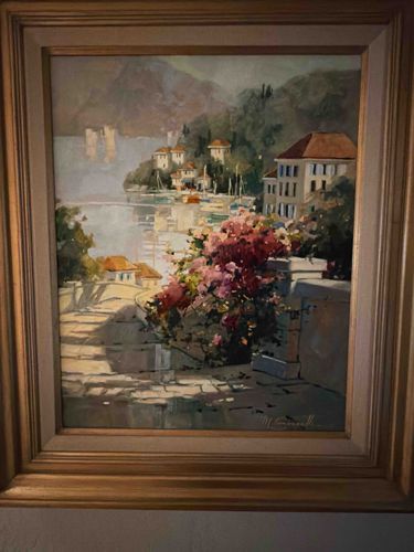 Impressionistic European Coastal Harbor Oil Painting