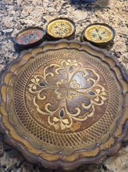 Vintage Italian Toleware Hand-Painted Serving Tray with Coasters