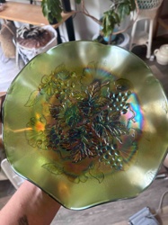 Carnival Glass Ruffled Bowl with Grape and Vine Motif