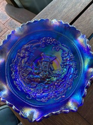 Iridescent Blue Carnival Glass Plate with Windmill Motif