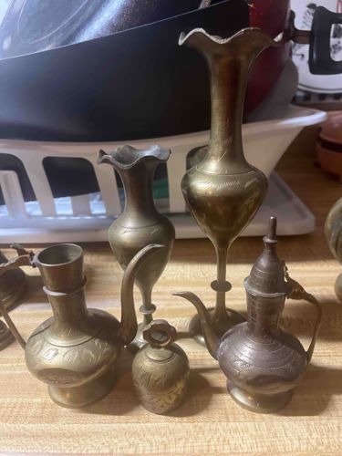 Collection of Etched Indian Brass Vessels and Decorative Objects