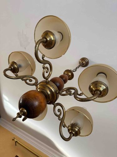 Vintage Brass and Turned Wood Chandelier with Five Lights