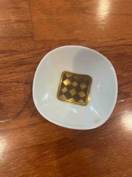 Small White Ceramic/Porcelain Dish with Gold and Black Checkered Design