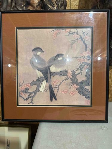 Framed Japanese Woodblock Print: Birds on a Branch with Autumn Leaves
