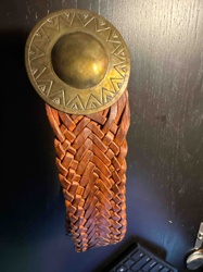 Vintage Wide Braided Leather Belt with Large Circular Brass Buckle