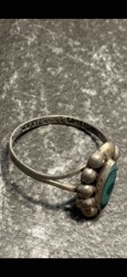 Vintage Turquoise Cabochon Ring with Beaded Sterling Silver Setting