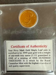 Privy Mark Gold Maple Leaf Coin (1/10 troy ounce)