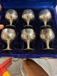 Set of Six Sterling Silver or Silverplate Engraved Cordial Goblets in Presentation Box