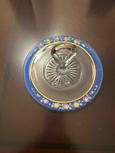 Clear Glass Bonbon Dish with Blue and Floral Enamel Rim