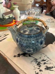 Blue and White Floral Ceramic Teapot with Bamboo Handle