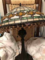 Tiffany-Style Stained Glass Table Lamp with Floral Motif and Beaded Fringe