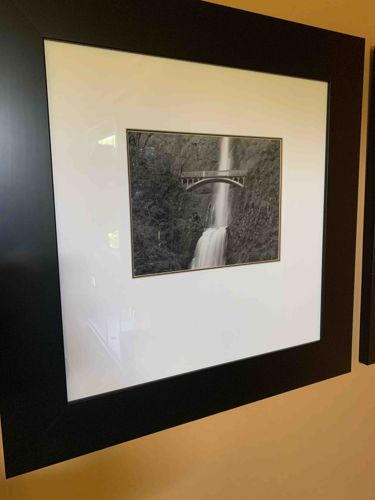 Framed Black and White Photograph of a Waterfall with Bridge