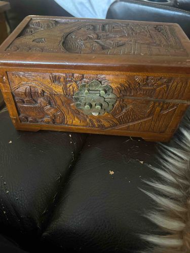 Carved Wooden Jewelry Box with Brass Hasp