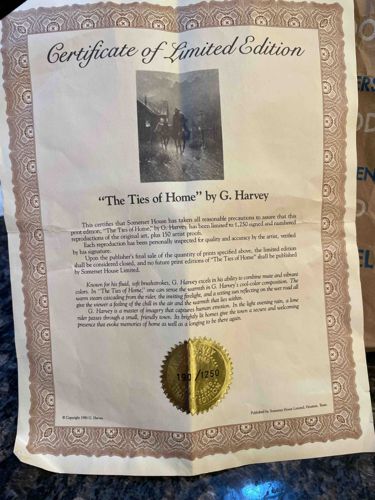 Certificate of Limited Edition for 'The Ties of Home' by G. Harvey