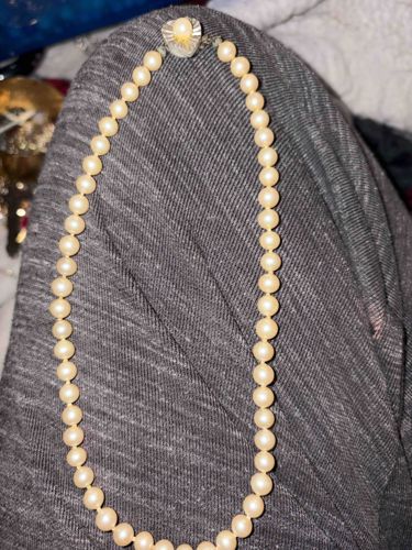 Vintage Knotted Pearl Strand Necklace with Ornate Silver-Tone Box Clasp