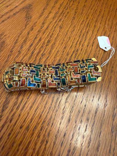 Vintage Gold-Tone and Enamel Geometric Panel Bracelet