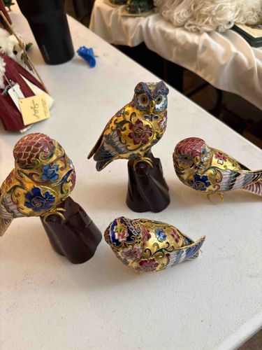 Set of Four Chinese Cloisonné Enamel Bird Figurines with Carved Wood Stands
