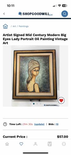 Artist Signed Mid Century Modern Big Eyes Lady Portrait Oil Painting Vintage Art