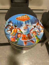 Christmas Themed Metal Tin with Santa and Elves Illustration