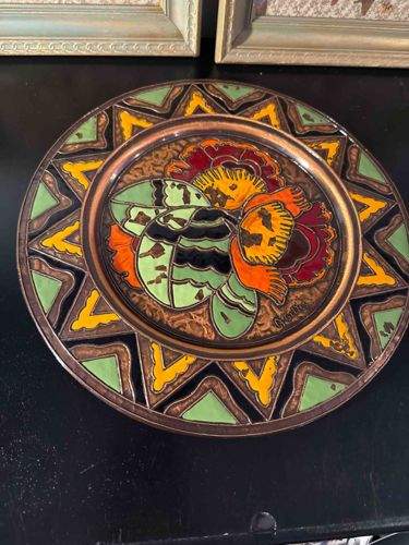 Mid-Century Modern Hand-Painted Champlevé Enamel on Copper Decorative Plate