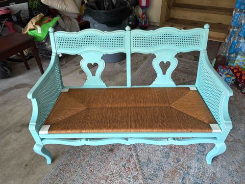 Aqua Painted Cane and Rush Settee
