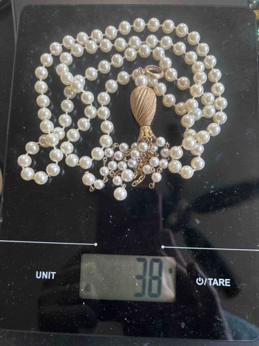 Faux Pearl Long Necklace with Gold-Tone Tassel Pendant