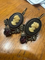 Vintage-Style Cameo Dangle Earrings with Purple Stone Accents