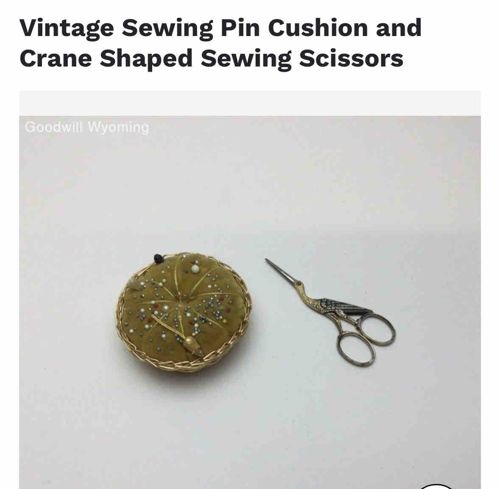 Vintage Sewing Pin Cushion and Crane Shaped Sewing Scissors