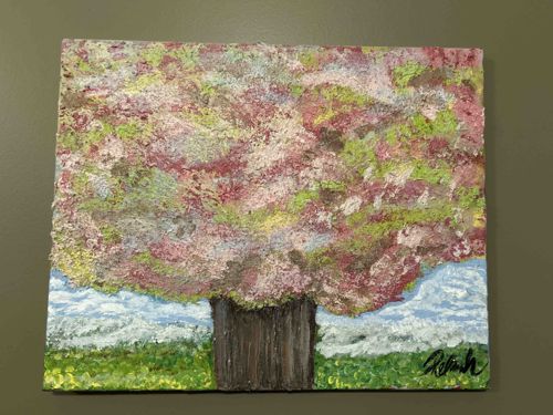 Original Mixed Media Sculptural Oil Painting of a Blooming Tree