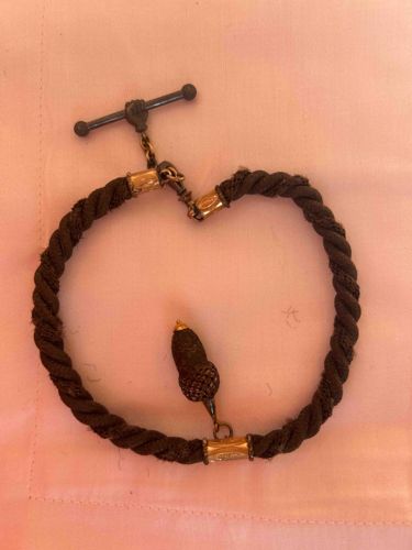 Victorian Hair Work Necklace with T-Bar Closure and Acorn Charm