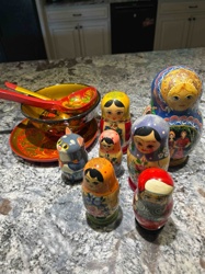 Collection of Russian Matryoshka Nesting Dolls and Khokhloma Bowl Set